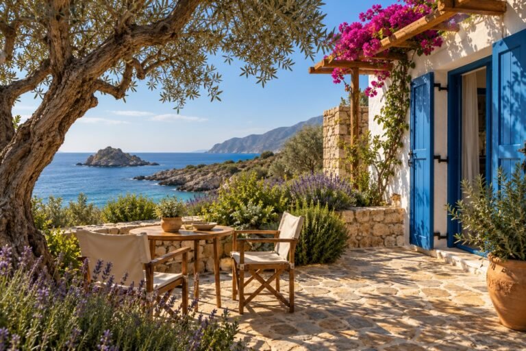 Classic Double: private garden patio under an olive tree