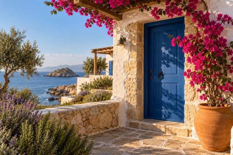 Blue door with bougainvillea