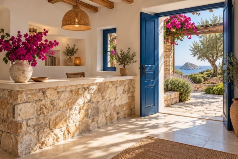 Reception with a blue door onto the garden