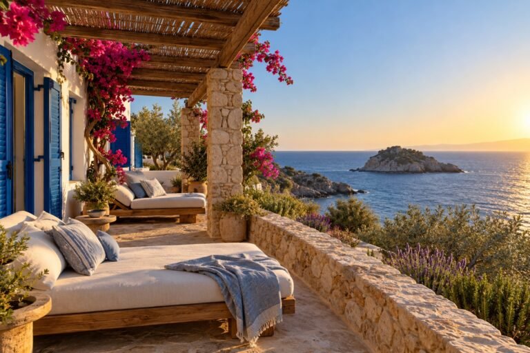 Junior Suite: private terrace with daybeds under a pergola