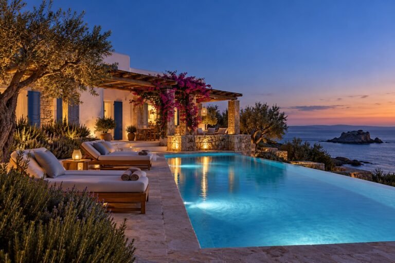 Pool Villa: private pool at dusk